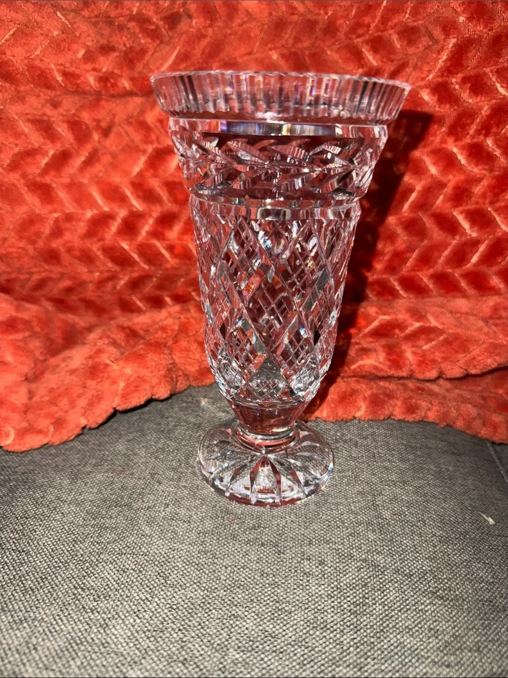 Exquisite Vintage Heavy Cut Crystal Pedestal Vase | Dazzling Diamond Pattern